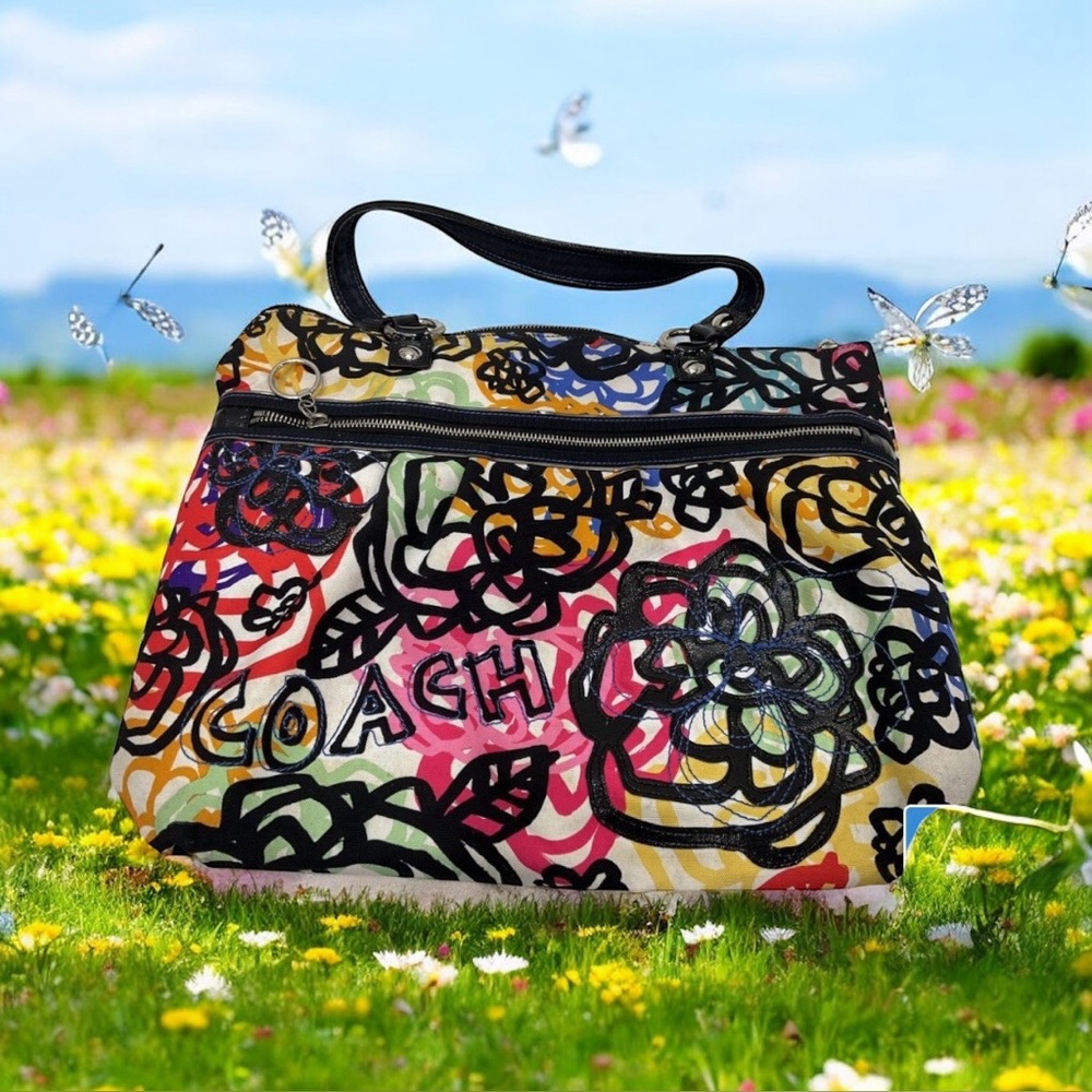 Coach Multi Color Poppy Graphic Blossom Canvas Appliqué Tote Bag Style 15591 - Picture 3 of 12